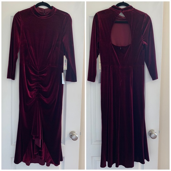 NWT Eliza J Burgundy Red Ruched Velvet Cocktail Dress Sz 10 - Picture 3 of 5